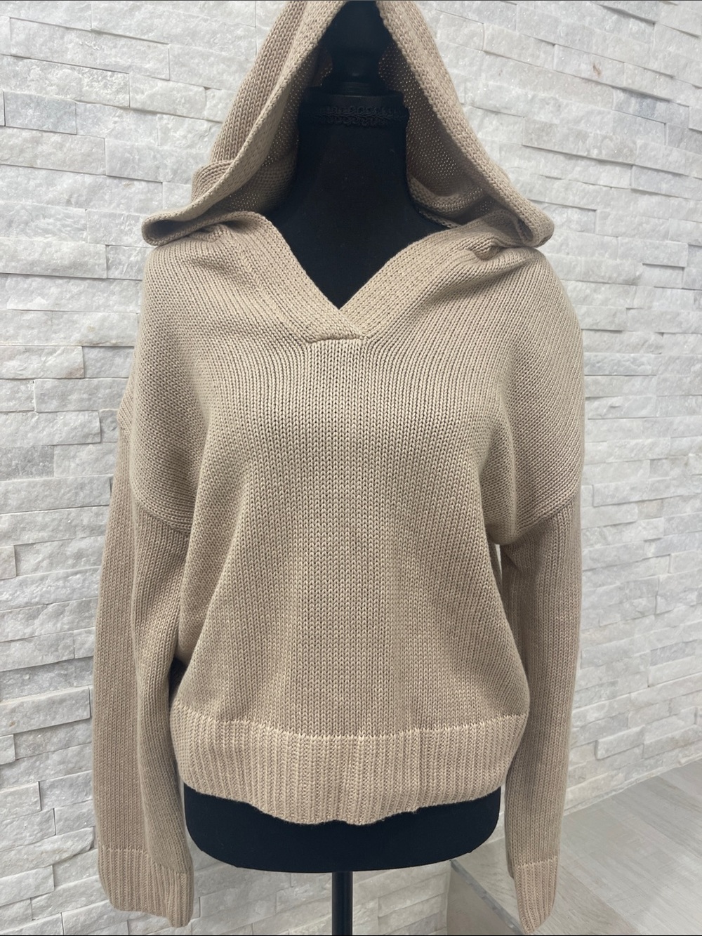 One Grey Day Women's Hooded V-Neck Sweater in Taupe